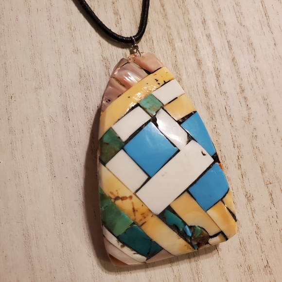 Vintage Handcrafted Spiny Oyster Mosaic Inlay w/ Turquoise & Coral Necklace